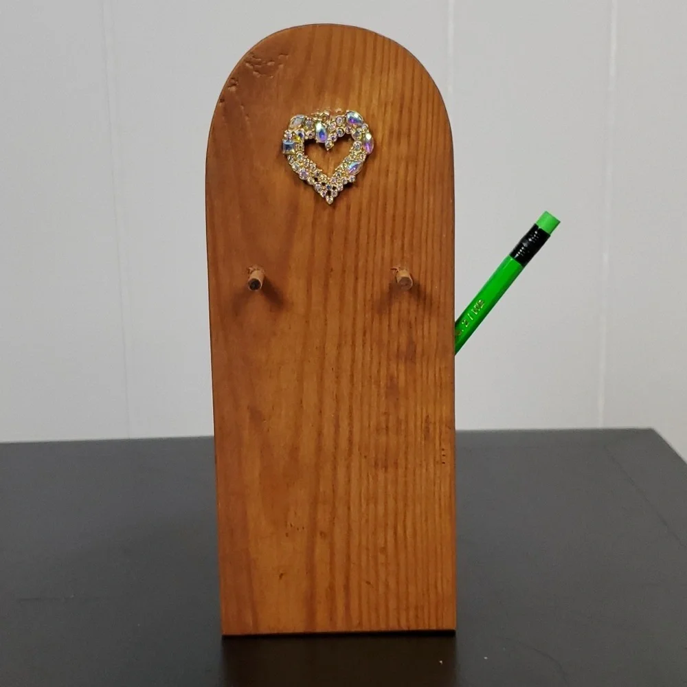 Iridescent Rhinestone Metal Heart Wood Key/Stationary Holder
